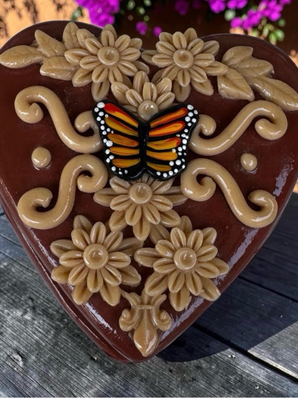 Handcrafted Brown Heart Jewelry Box with Tan Floral Accents and Orange Butterfly